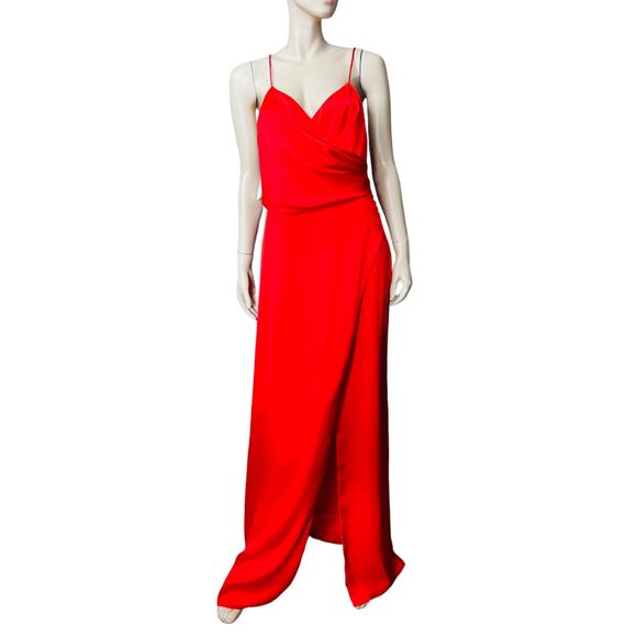 Fame and Partners Dresses & Skirts - New Fame and Partners Red Maxi Gown Size 14 US Wrap top V-Neckline Front Open